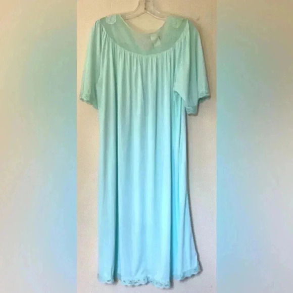 Vintage Shadow Line L Aqua SILKY NYLON Nightgown Negligee Gown Pink Rose USA - Picture 5 of 12